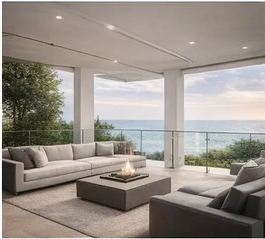 Glass balustrade on covered terrace with ocean panorama