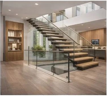 Glass balustrade on floating timber staircase