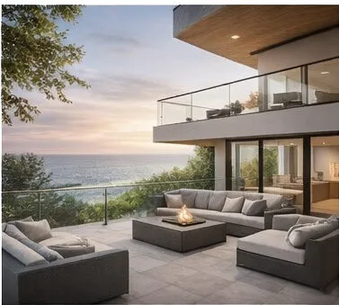 Glass balustrade on sunset terrace overlooking sea