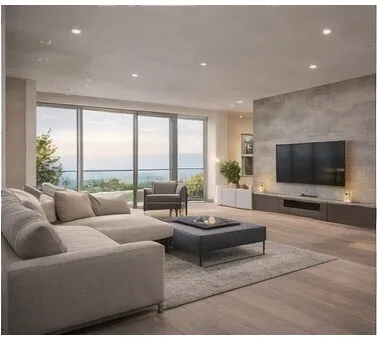 Glass balustrade in modern living room with ocean view