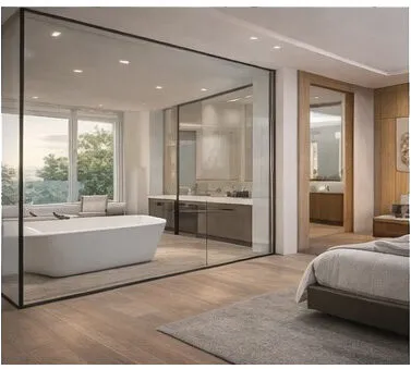 Glass partition between bedroom and ensuite bathroom
