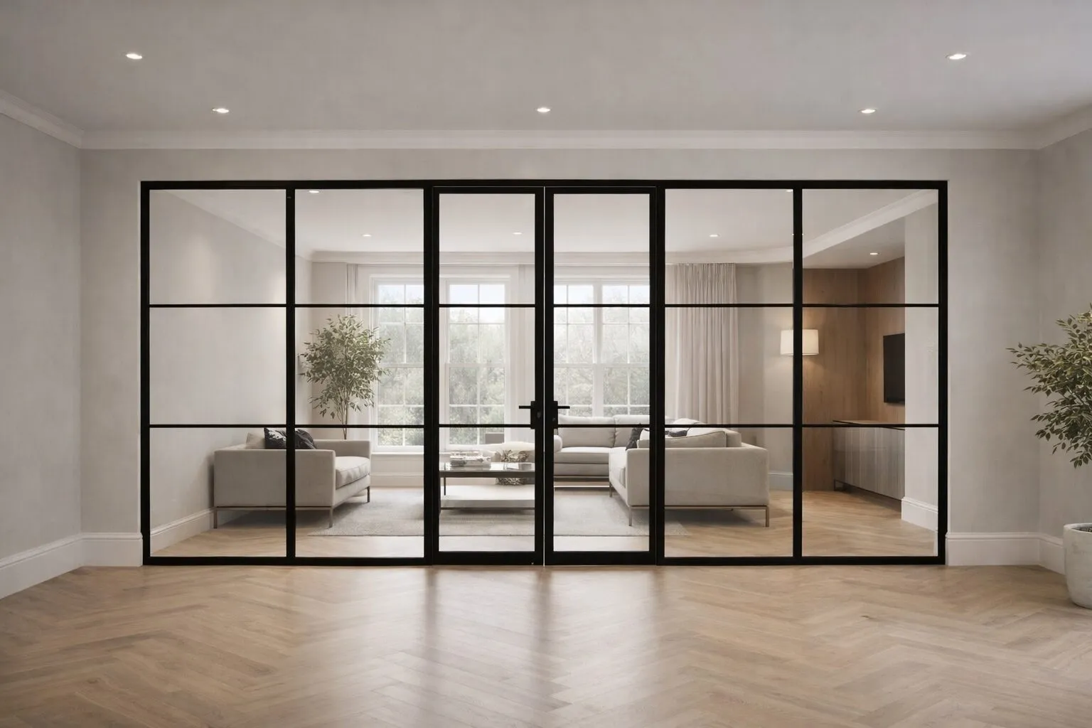 Heritage glass partition wide living space