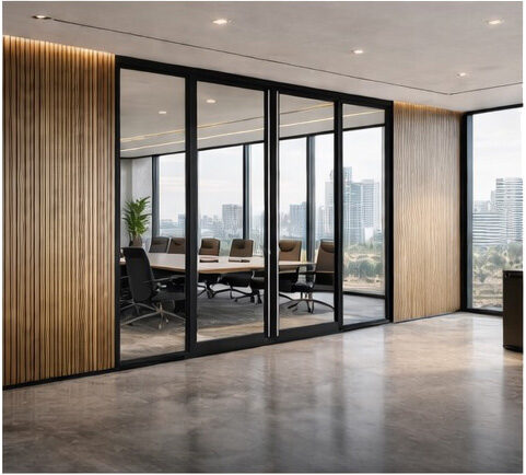 Fire rated glass doors in modern boardroom with city views