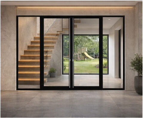 Fire rated glass doors in contemporary residential hallway