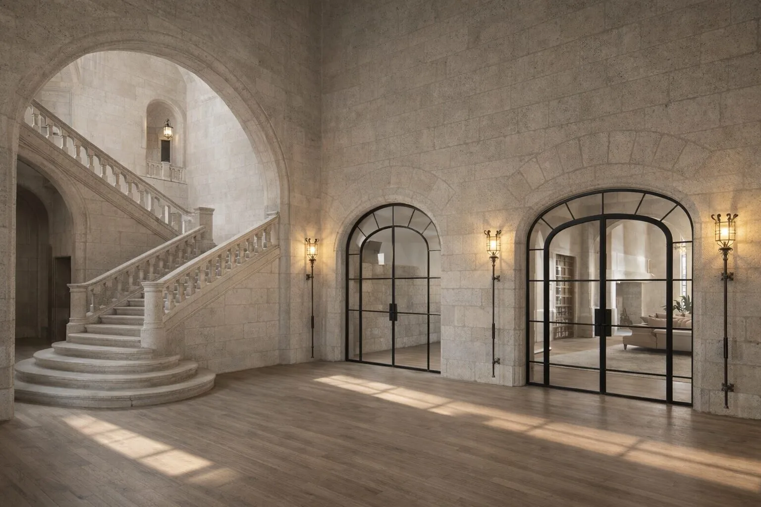 Heritage glass partition screens in grand stone interior with arched doorways